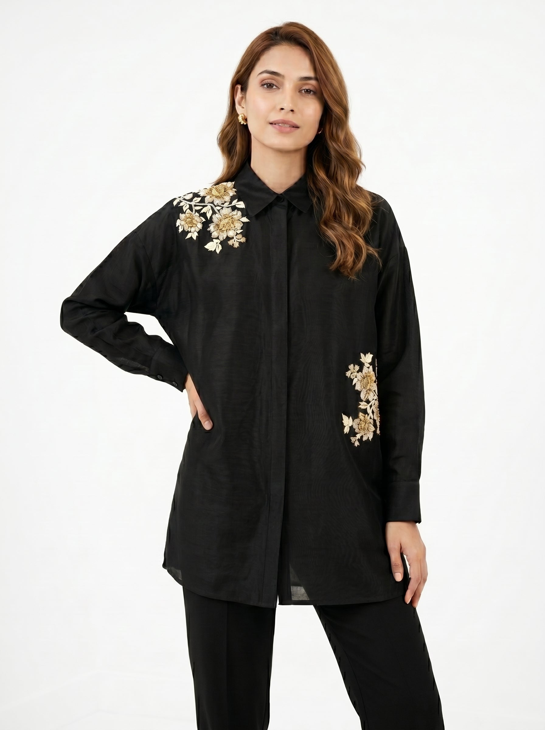 Chanderi French Knot Flower Placement Embroidery Shirt – Black | Women's Designer Ethnic Wear
