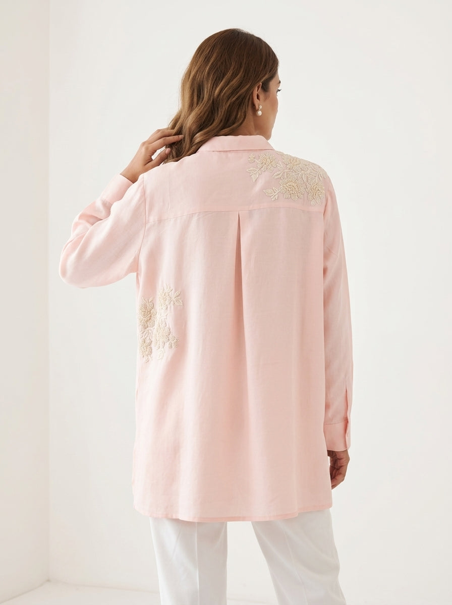 Dupion Silk French Knot Flower Placement Embroidery Shirt – Light Pink | Women's Designer Ethnic Wear