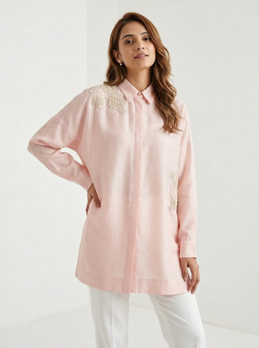 Dupion Silk French Knot Flower Placement Embroidery Shirt – Light Pink | Women's Designer Ethnic Wear