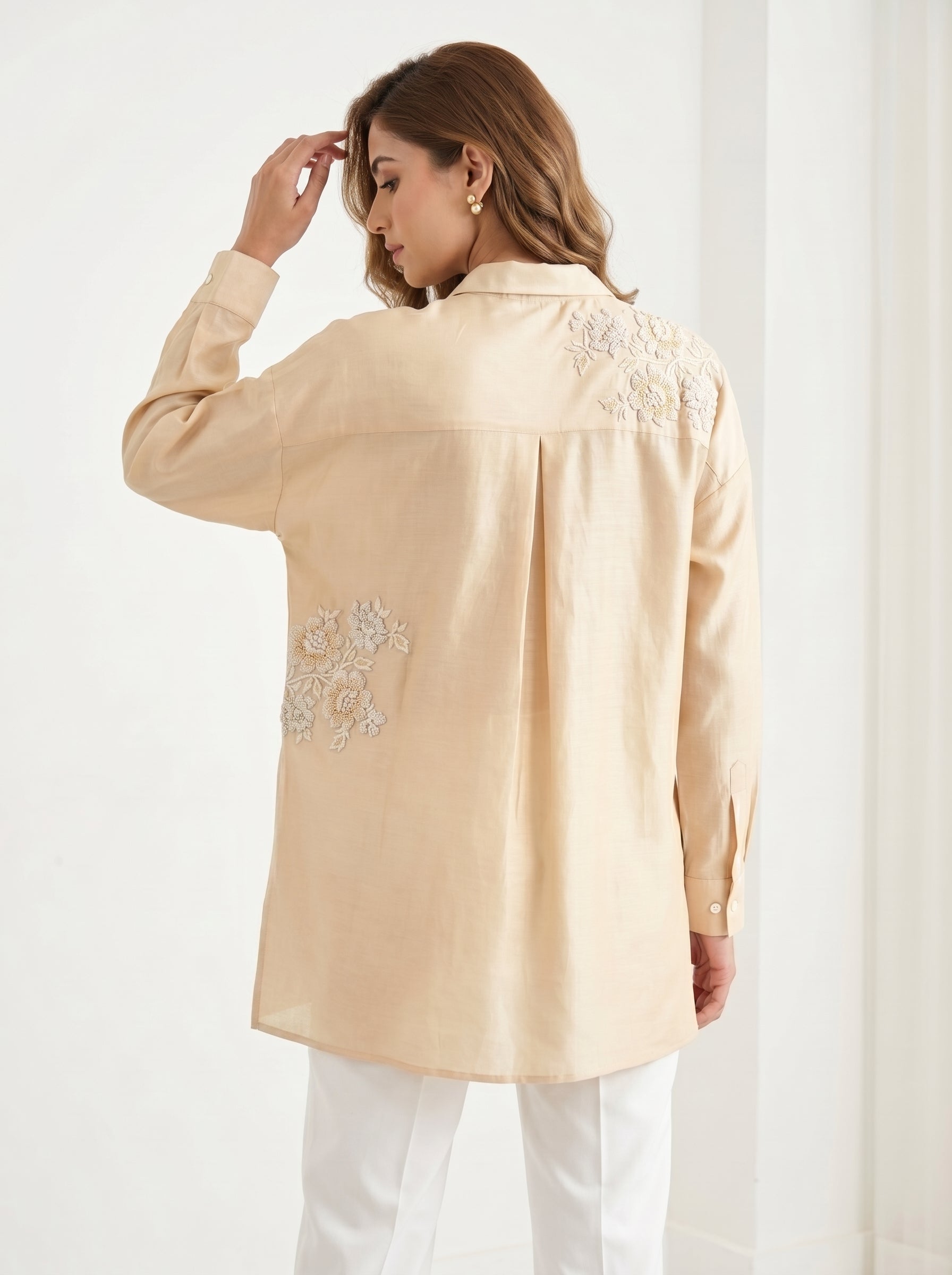Chanderi French Knot Flower Placement Embroidery Shirt – Light Beige | Women's Designer Ethnic Wear