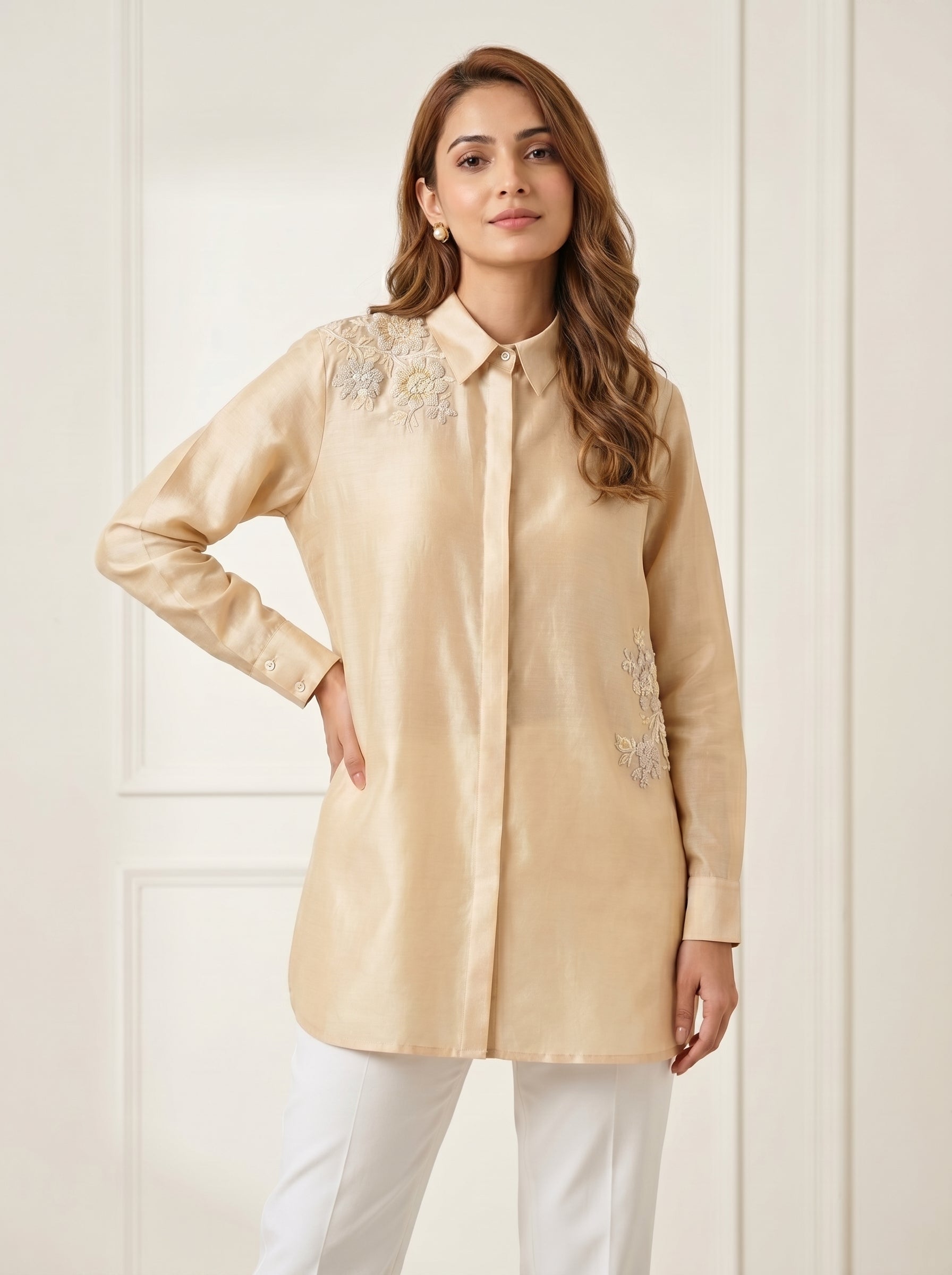 Chanderi French Knot Flower Placement Embroidery Shirt – Light Beige | Women's Designer Ethnic Wear