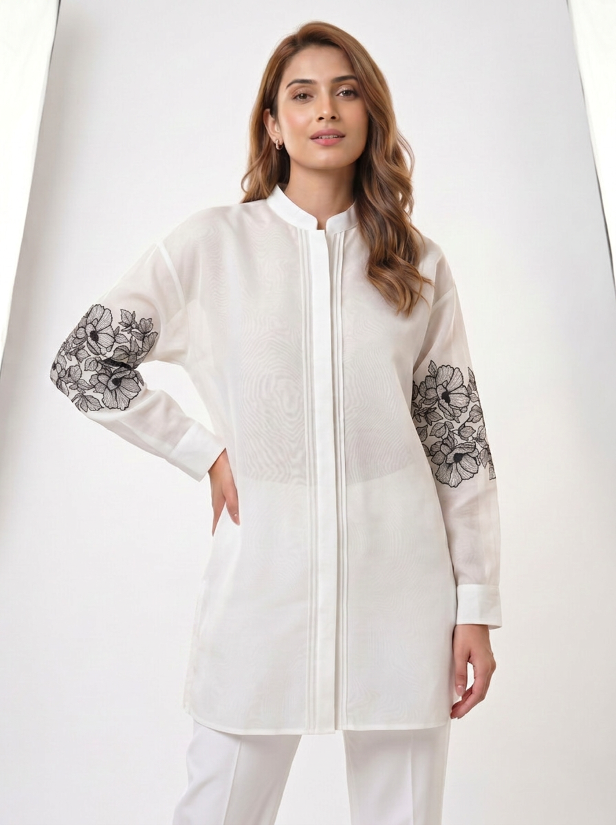 Chanderi Lace Blossom Black Resham Embroidery Shirt – Off White | Women's Designer Ethnic Wear