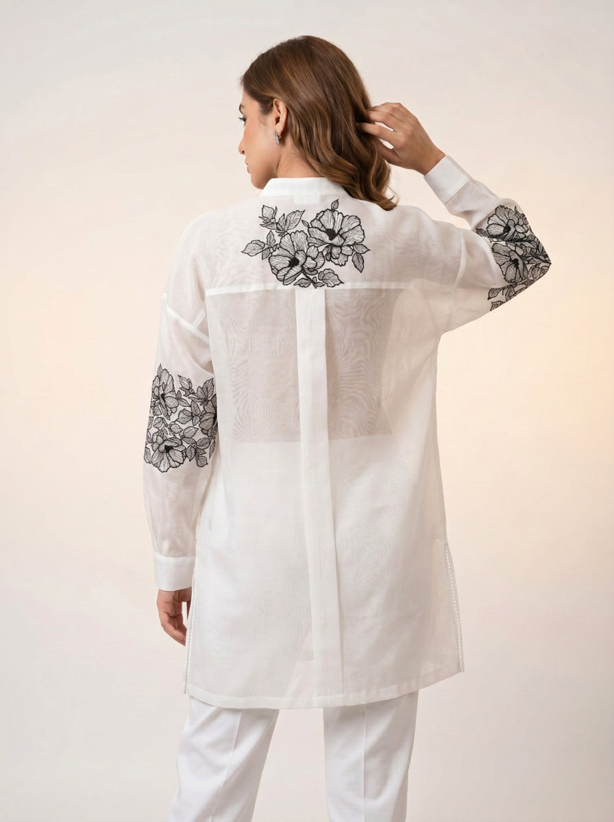 Chanderi Lace Blossom Black Resham Embroidery Shirt – Off White | Women's Designer Ethnic Wear
