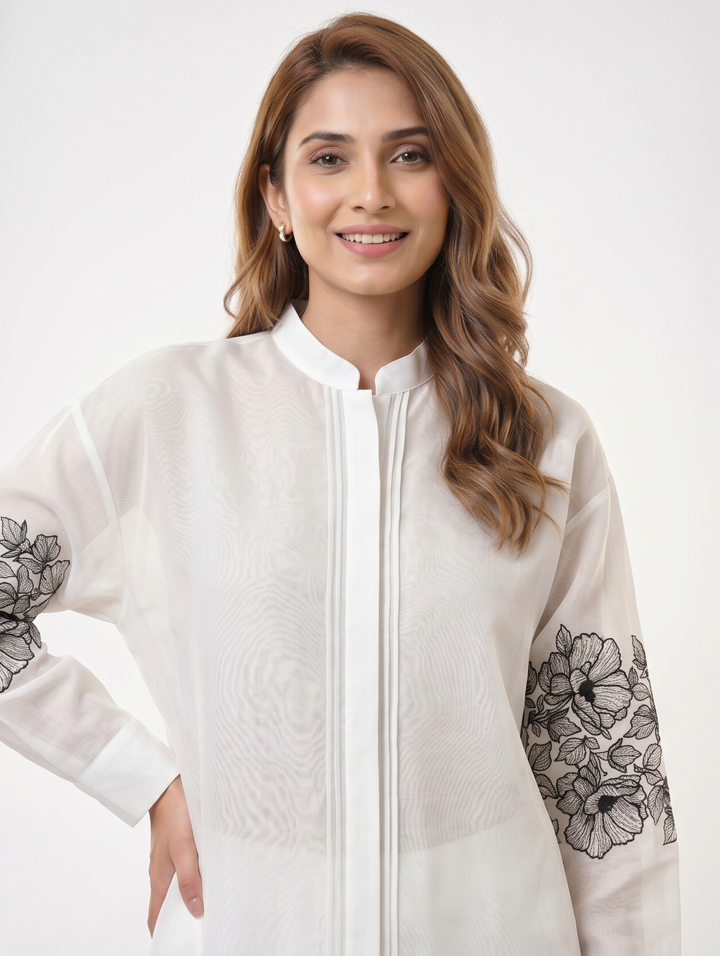 Chanderi Lace Blossom Black Resham Embroidery Shirt – Off White | Women's Designer Ethnic Wear