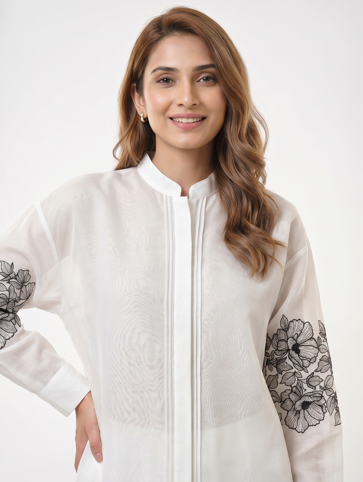 Chanderi Lace Blossom Black Resham Embroidery Shirt – Off White | Women's Designer Ethnic Wear