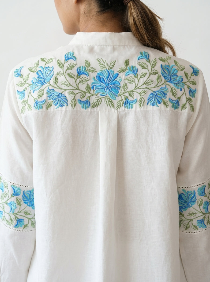 Chanderi Blue Floral Garland Embroidery Shirt – Off White | Women's Designer Ethnic Wear