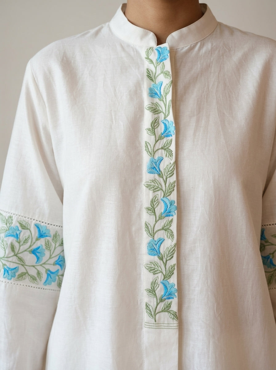 Chanderi Blue Floral Garland Embroidery Shirt – Off White | Women's Designer Ethnic Wear