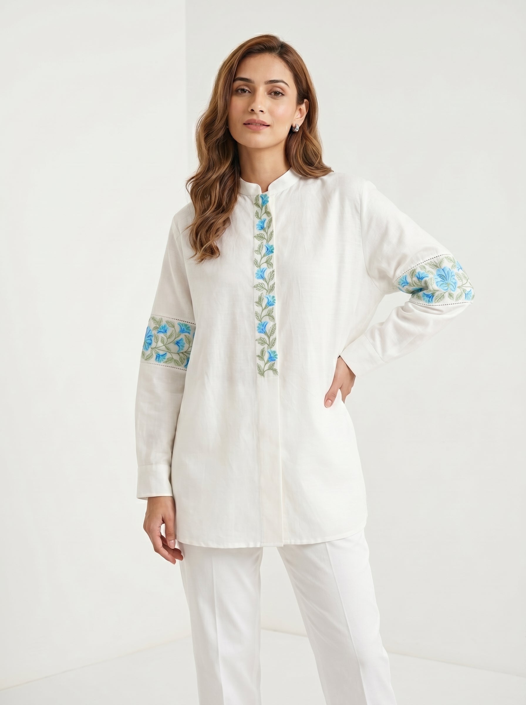 Chanderi Blue Floral Garland Embroidery Shirt – Off White | Women's Designer Ethnic Wear