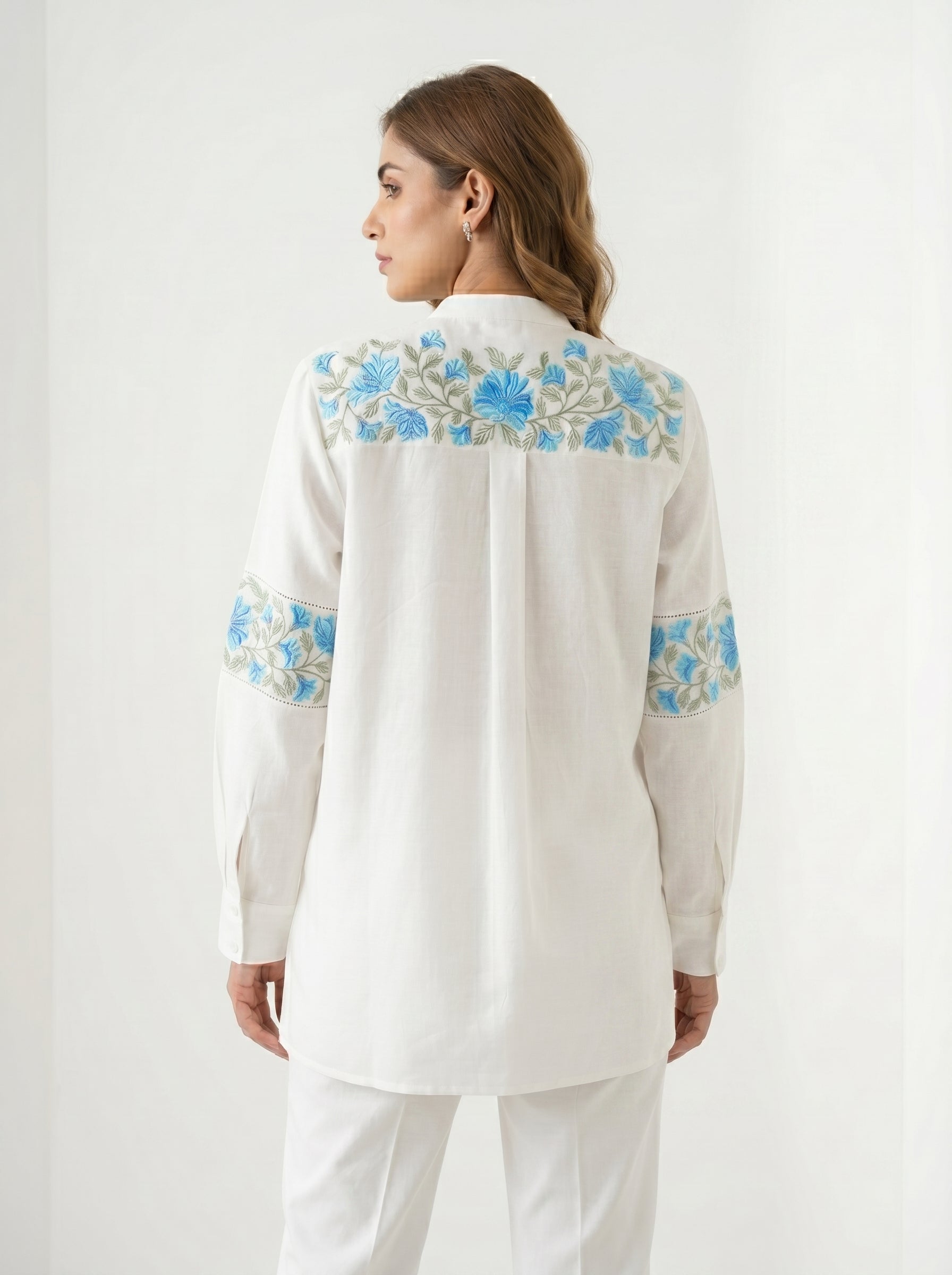 Chanderi Blue Floral Garland Embroidery Shirt – Off White | Women's Designer Ethnic Wear