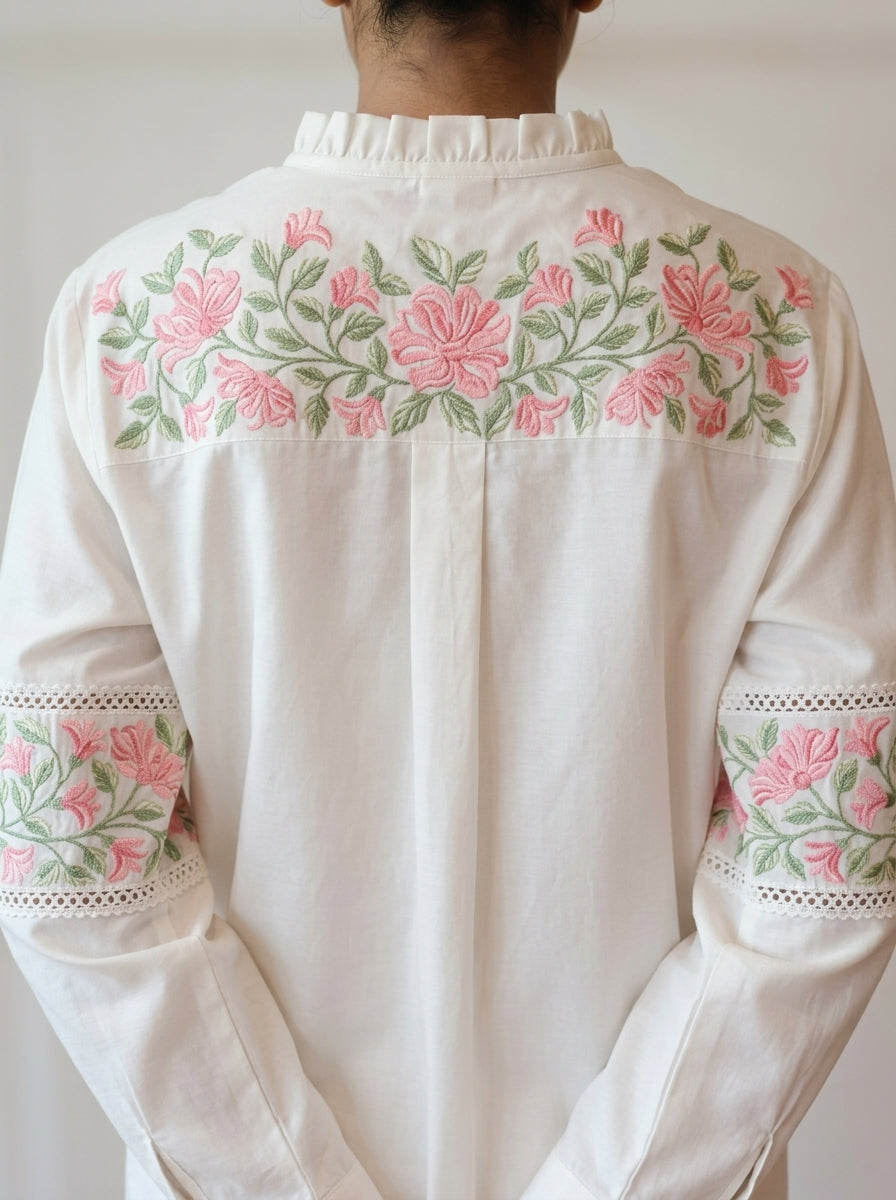Chanderi Pink Floral Garland Embroidery Shirt – Off White | Women's Designer Ethnic Wear