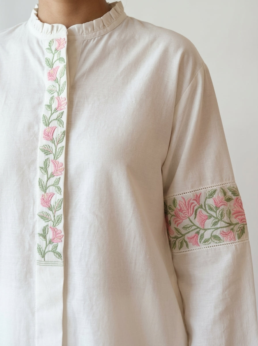 Chanderi Pink Floral Garland Embroidery Shirt – Off White | Women's Designer Ethnic Wear