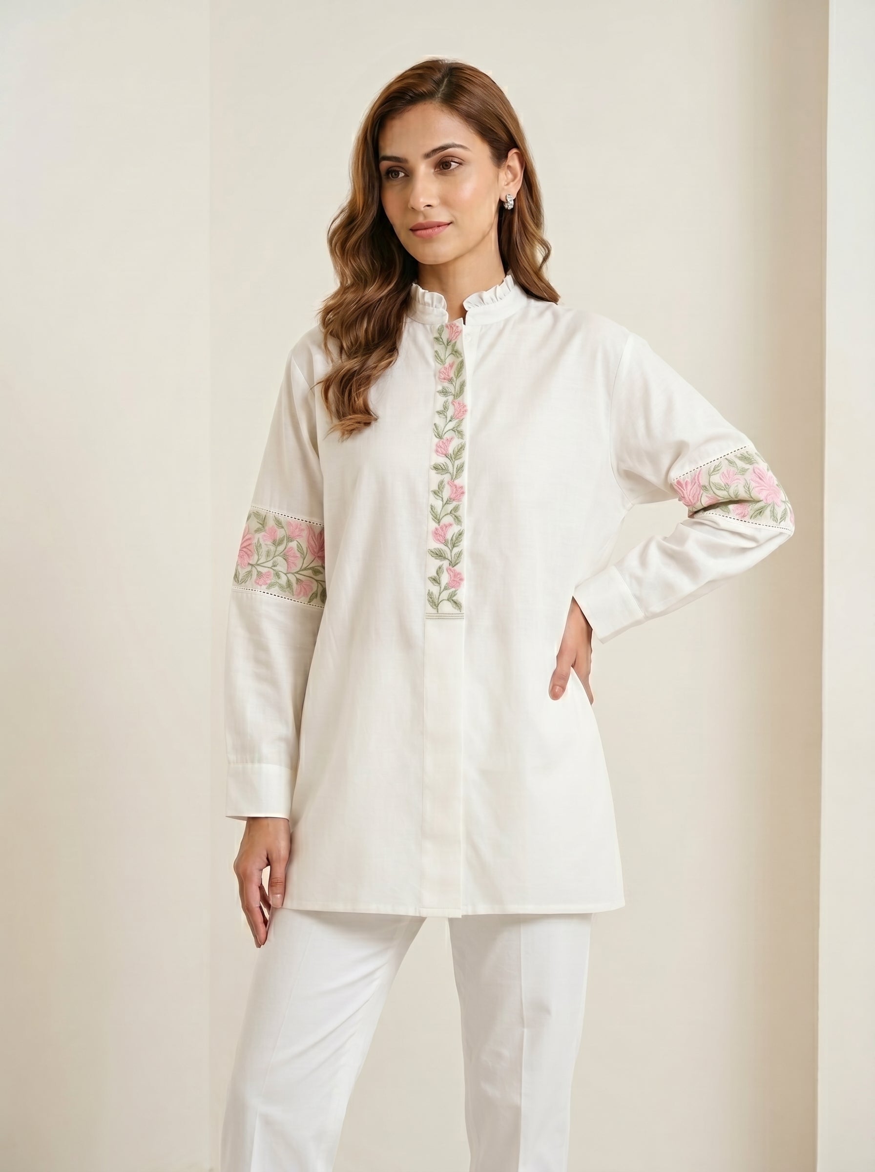 Chanderi Pink Floral Garland Embroidery Shirt – Off White | Women's Designer Ethnic Wear