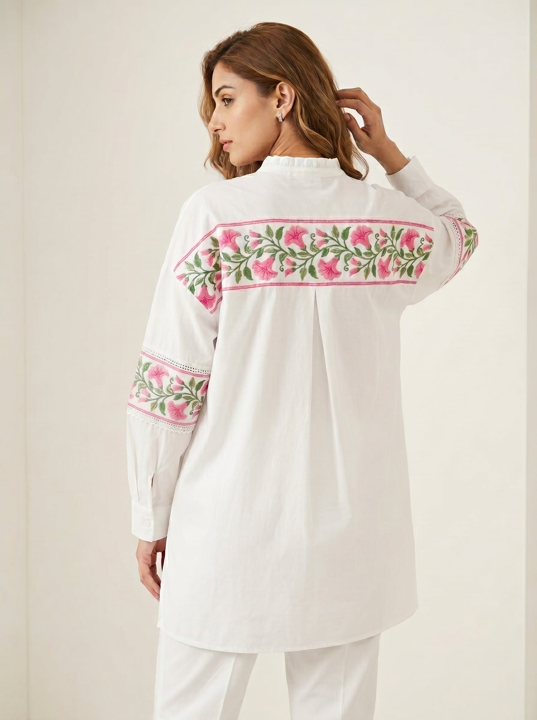 Chanderi Pink Floral Garland Embroidery Shirt – Off White | Women's Designer Ethnic Wear