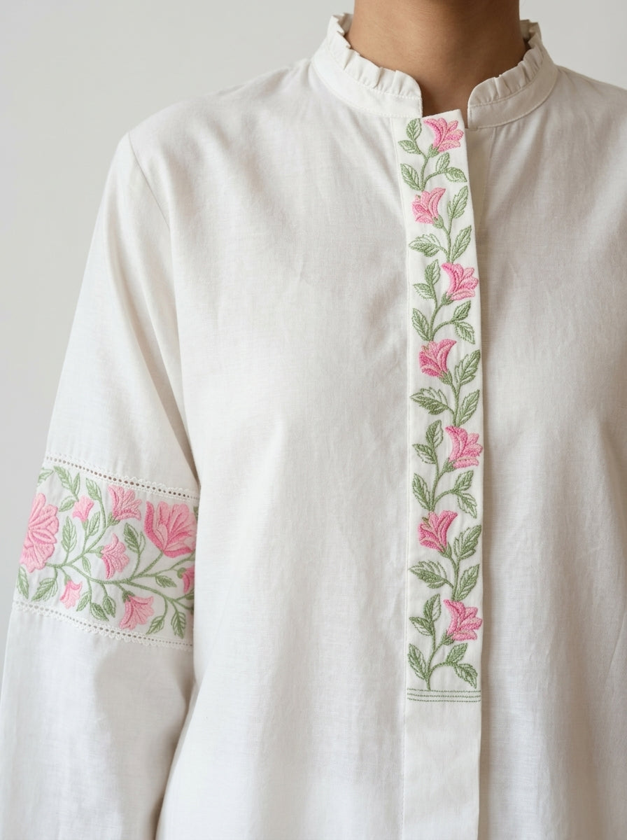 Chanderi Pink Floral Garland Embroidery Shirt – Off White | Women's Designer Ethnic Wear