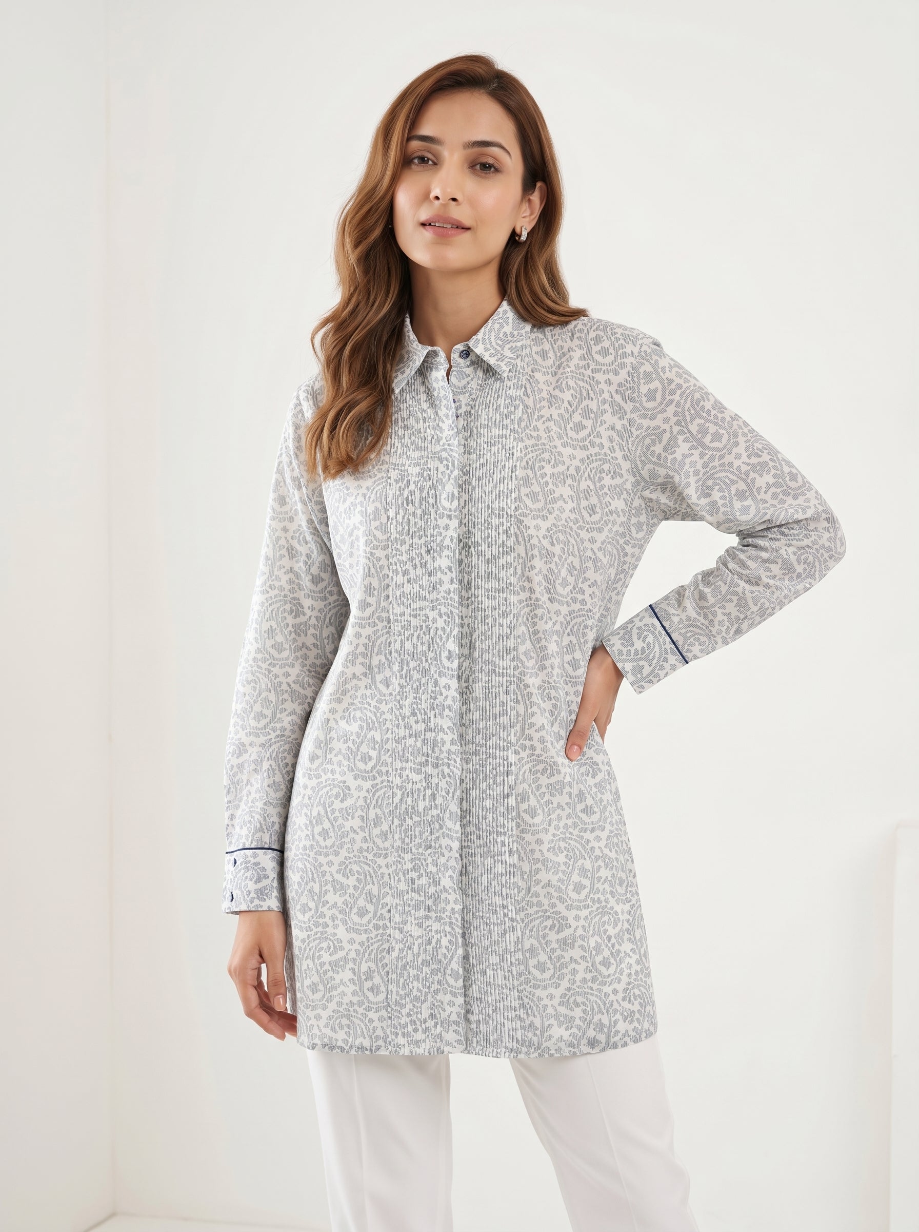 Chanderi Cutwork Paisley Jaal Print Pintuck Shirt – Indigo | Women's Designer Ethnic Wear