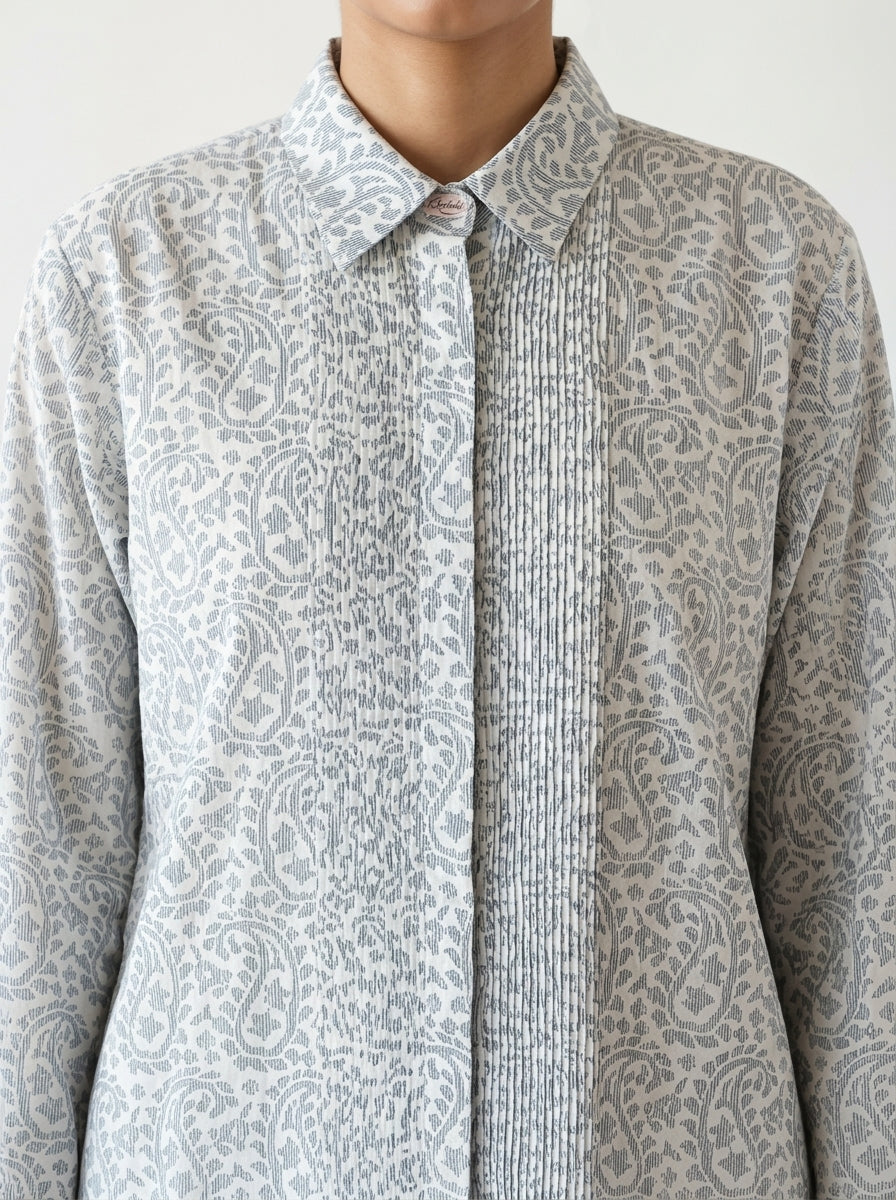 Chanderi Cutwork Paisley Jaal Print Pintuck Shirt – Indigo | Women's Designer Ethnic Wear