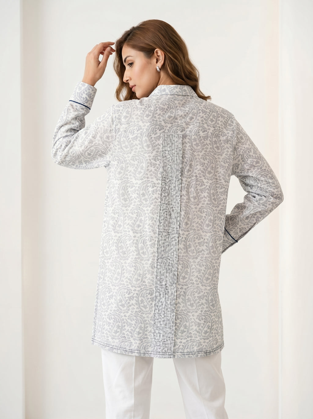 Chanderi Cutwork Paisley Jaal Print Pintuck Shirt – Indigo | Women's Designer Ethnic Wear