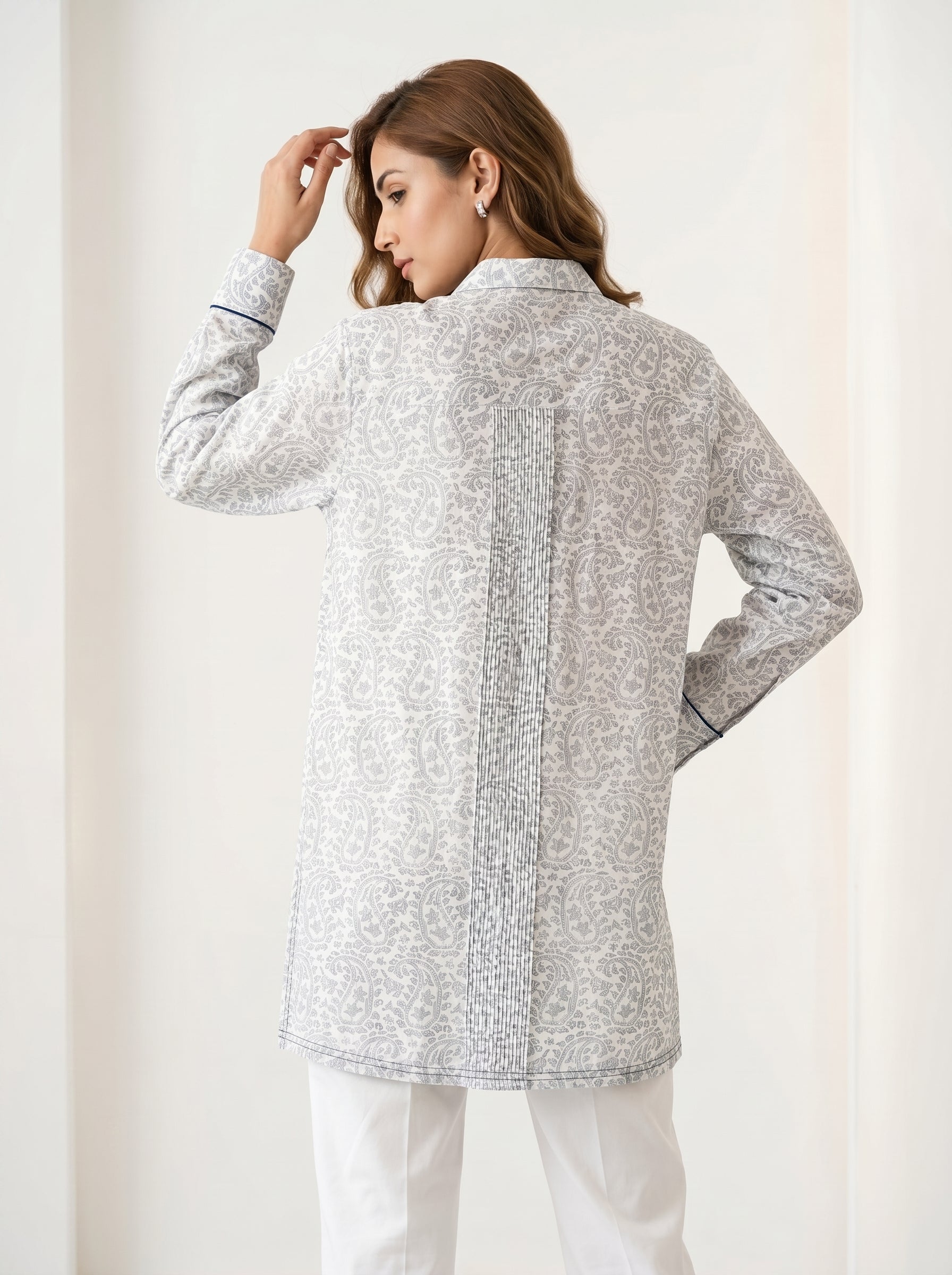 Chanderi Cutwork Paisley Jaal Print Pintuck Shirt – Indigo | Women's Designer Ethnic Wear