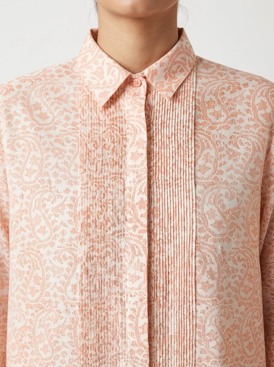 Chanderi Cutwork Paisley Jaal Print Pintuck Shirt – Pink | Women's Designer Ethnic Wear
