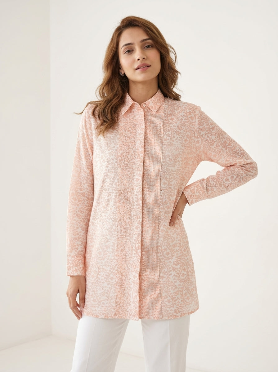 Chanderi Cutwork Paisley Jaal Print Pintuck Shirt – Pink | Women's Designer Ethnic Wear