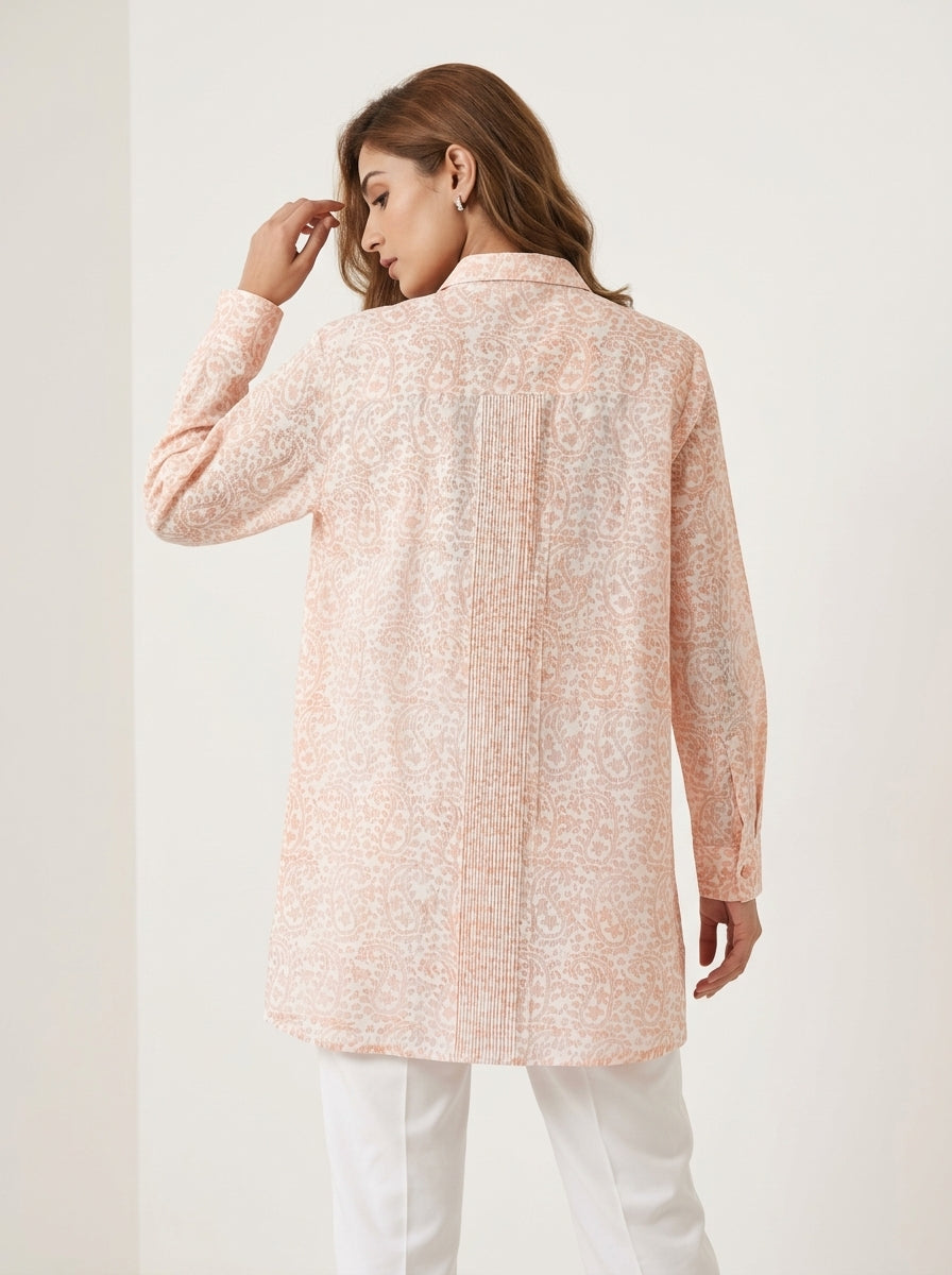 Chanderi Cutwork Paisley Jaal Print Pintuck Shirt – Pink | Women's Designer Ethnic Wear