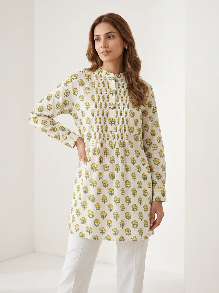 Chanderi Buti Print Pintuck Shirt – Yellow | Women's Designer Ethnic Wear