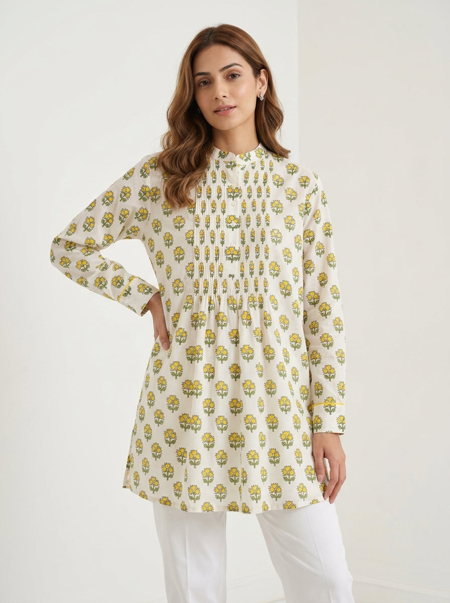 Chanderi Buti Print Pintuck Shirt – Yellow | Women's Designer Ethnic Wear