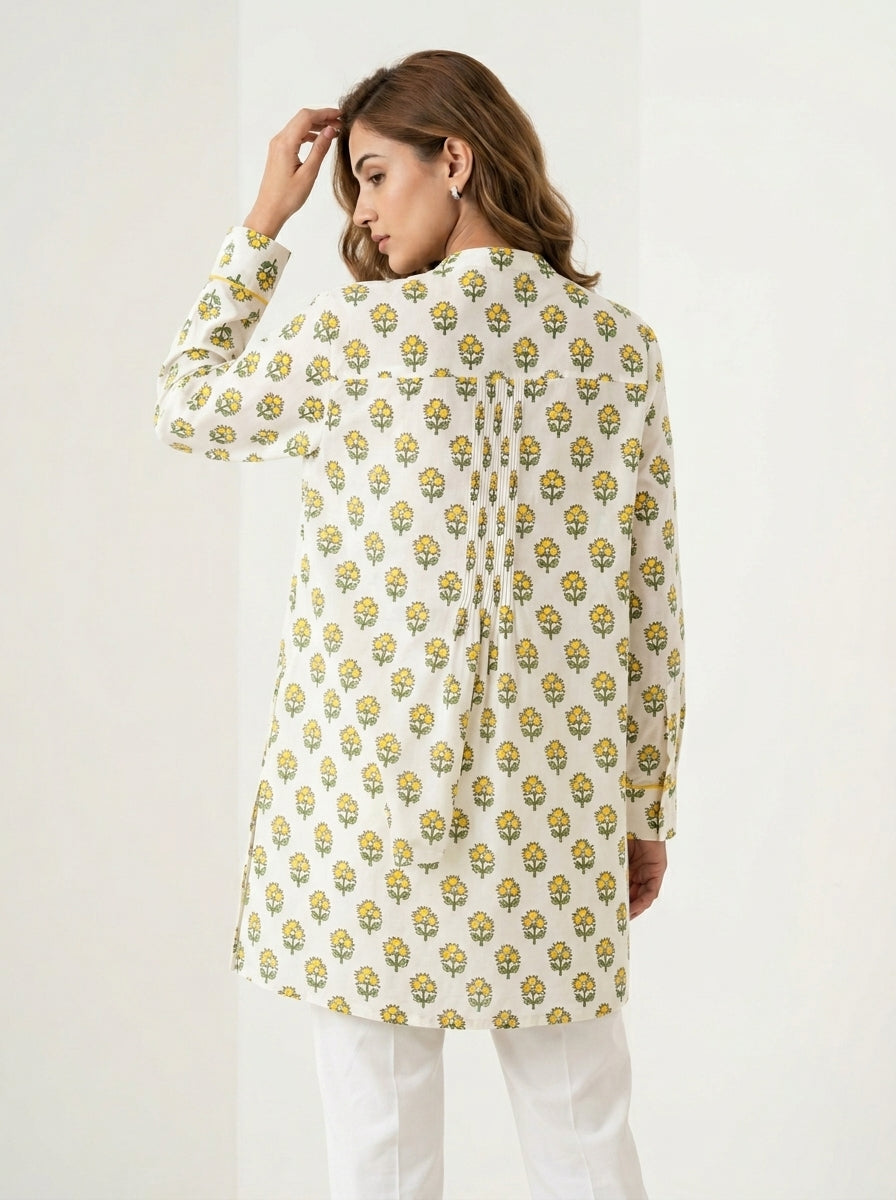 Chanderi Buti Print Pintuck Shirt – Yellow | Women's Designer Ethnic Wear