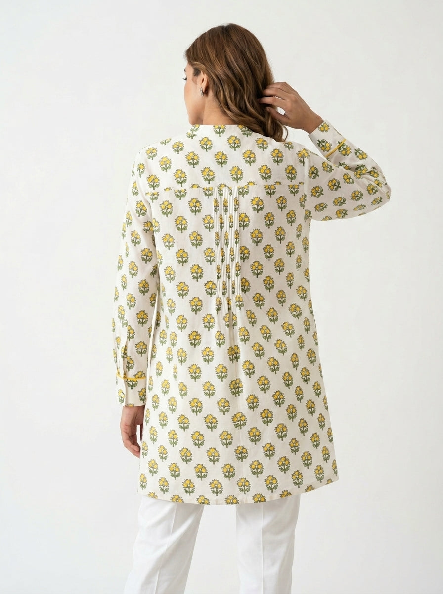 Chanderi Buti Print Pintuck Shirt – Yellow | Women's Designer Ethnic Wear