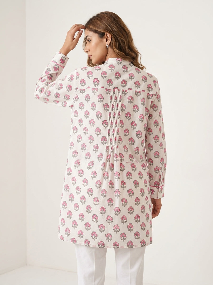 Chanderi Buti Print Pintuck Shirt – Pink | Women's Designer Ethnic Wear