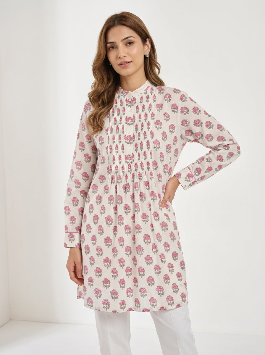 Chanderi Buti Print Pintuck Shirt – Pink | Women's Designer Ethnic Wear