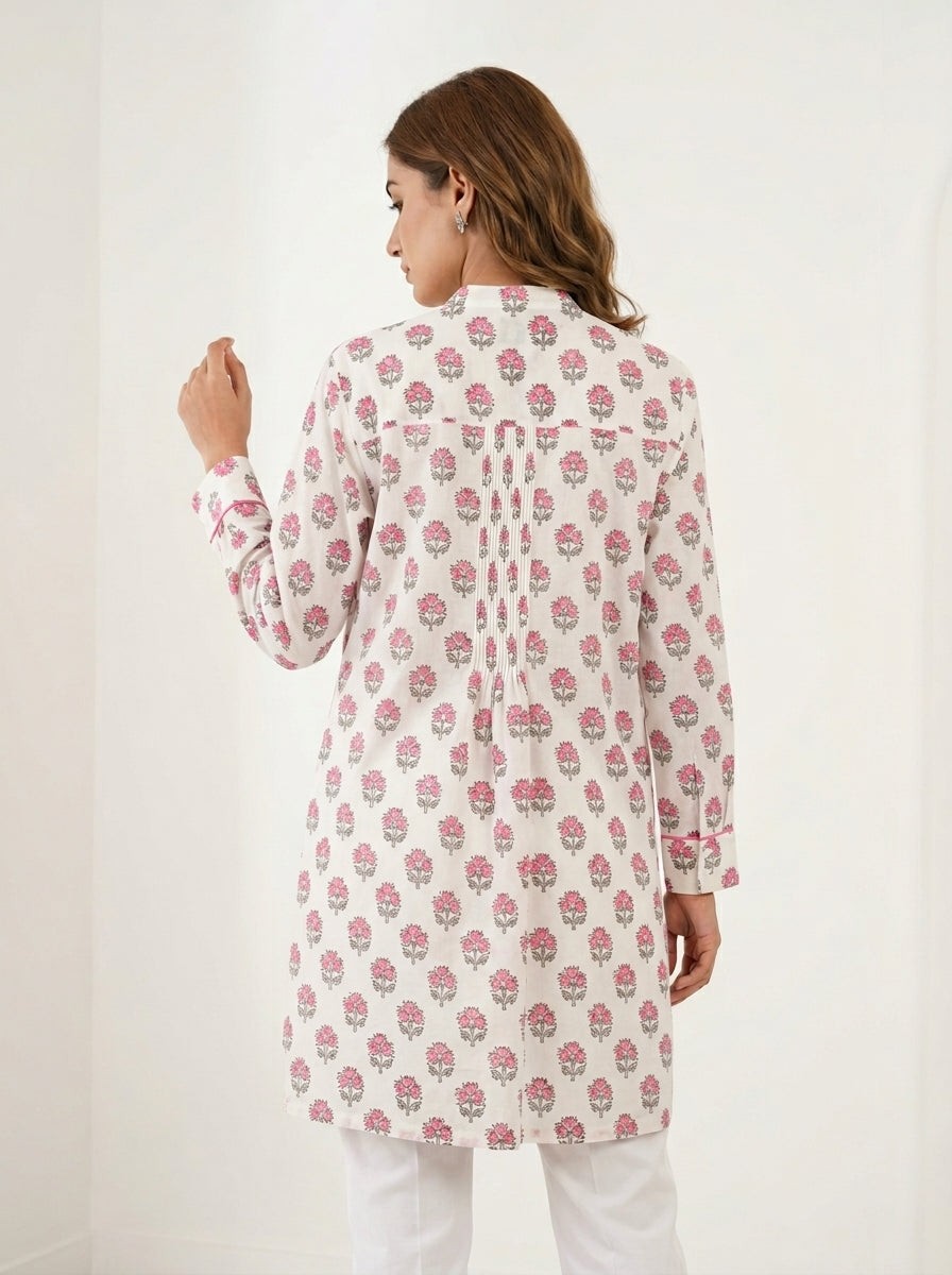 Chanderi Buti Print Pintuck Shirt – Pink | Women's Designer Ethnic Wear