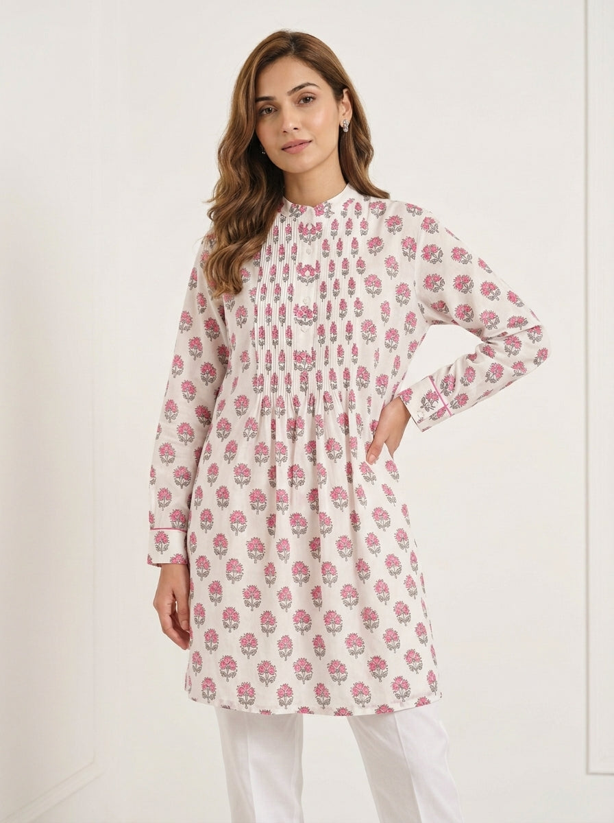 Chanderi Buti Print Pintuck Shirt – Pink | Women's Designer Ethnic Wear