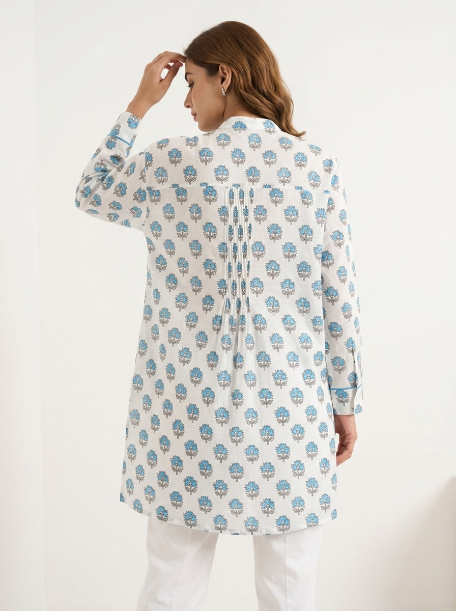 Chanderi Buti Print Pintuck Shirt – Blue | Women's Designer Ethnic Wear
