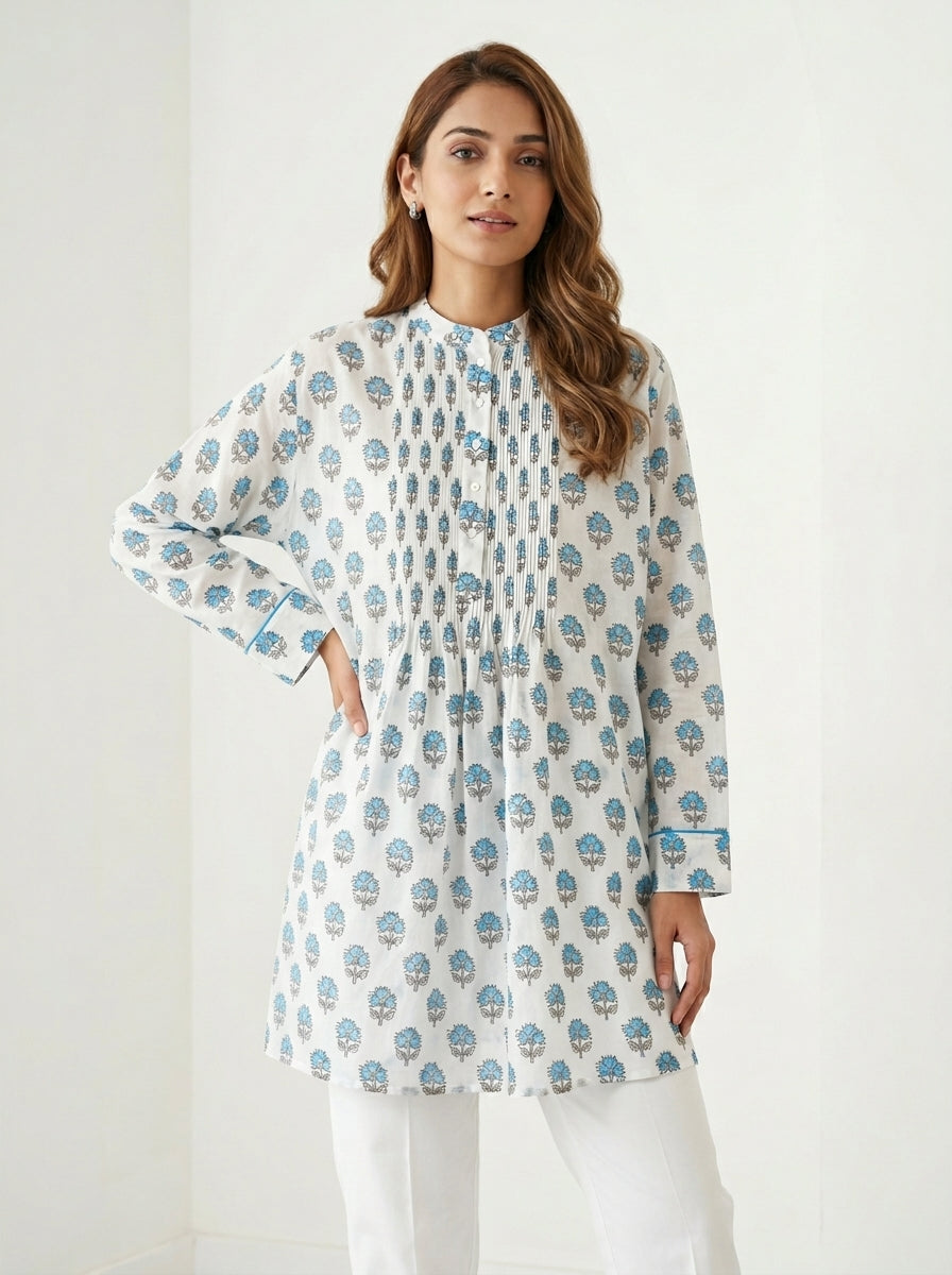 Chanderi Buti Print Pintuck Shirt – Blue | Women's Designer Ethnic Wear