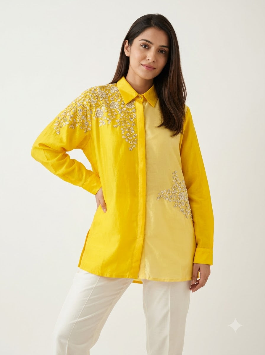 Dupion Silk Shirt – Yellow | Dual-Tone Pearl & Resham Rose Jaal Placement Embroidery | Women’s Designer Festive Shirt