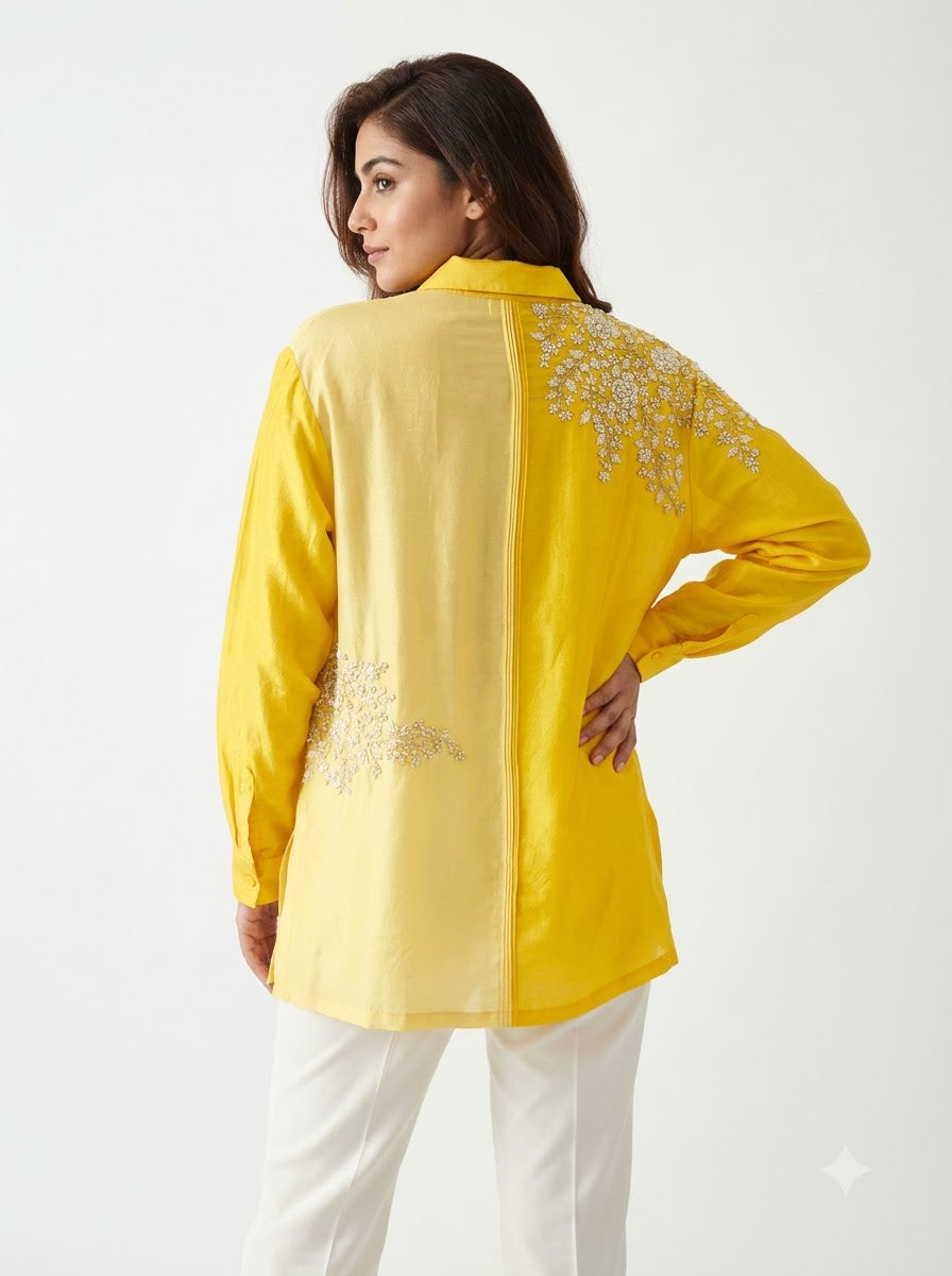 Dupion Silk Shirt – Yellow | Dual-Tone Pearl & Resham Rose Jaal Placement Embroidery | Women’s Designer Festive Shirt
