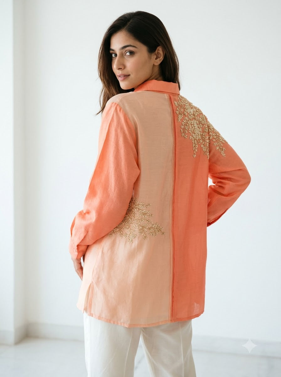 Dupion Silk Shirt – Peach & Blush | Dual-Tone Pearl & Gold Zardozi Rose Jaal Placement Embroidery | Women’s Designer Festive Shirt