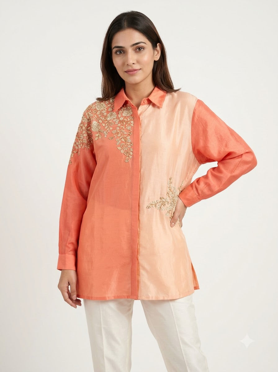 Dupion Silk Shirt – Peach & Blush | Dual-Tone Pearl & Gold Zardozi Rose Jaal Placement Embroidery | Women’s Designer Festive Shirt