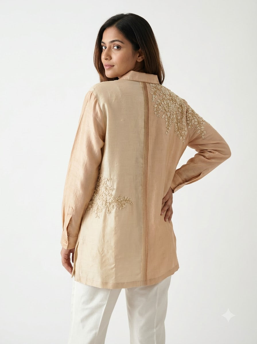 Dupion Silk Shirt – Beige & Champagne | Dual-Tone Pearl & Gold Zardozi Rose Jaal Placement Embroidery | Women’s Designer Festive Shirt