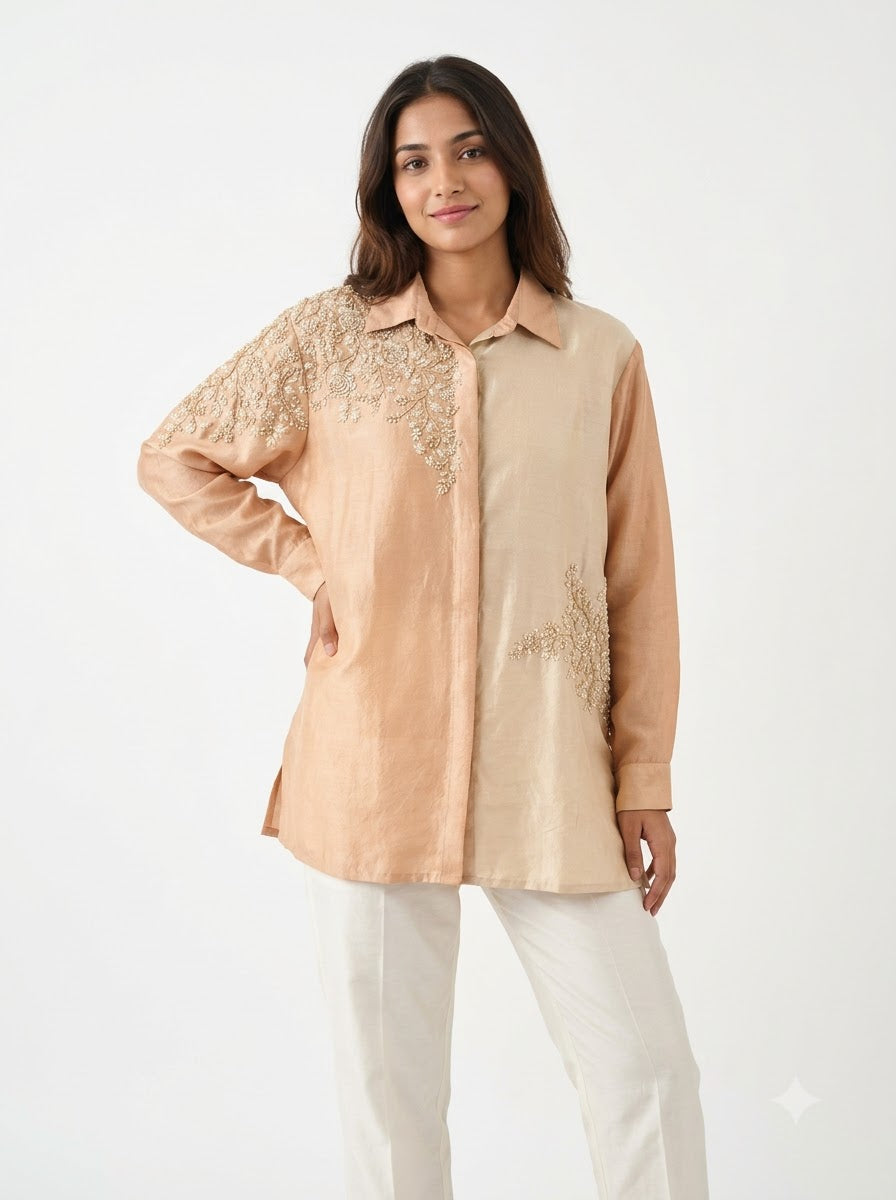 Dupion Silk Shirt – Beige & Champagne | Dual-Tone Pearl & Gold Zardozi Rose Jaal Placement Embroidery | Women’s Designer Festive Shirt