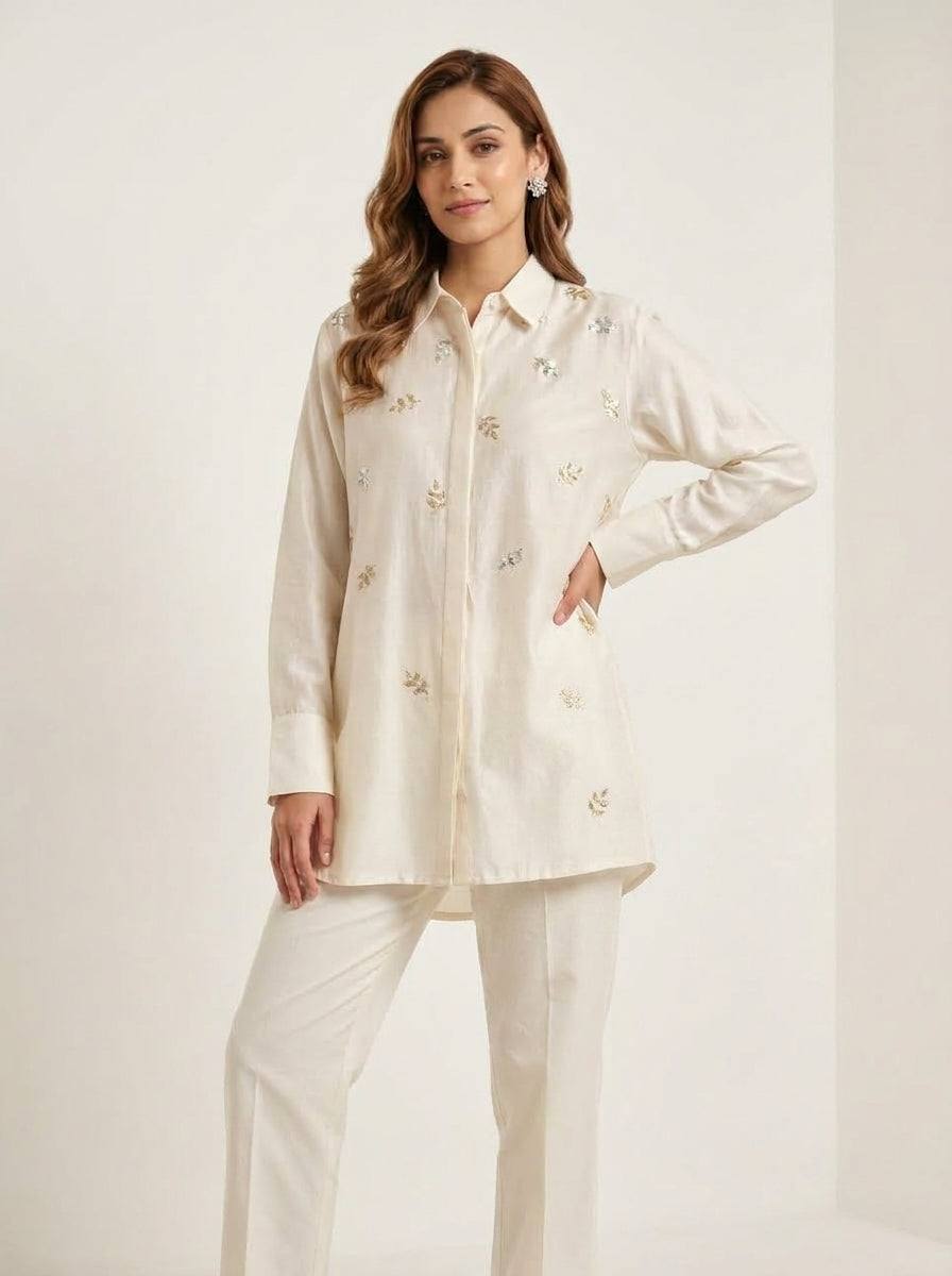 Chanderi Leaf Sequin Embroidery Shirt – Off White | Women's Designer Ethnic Wear