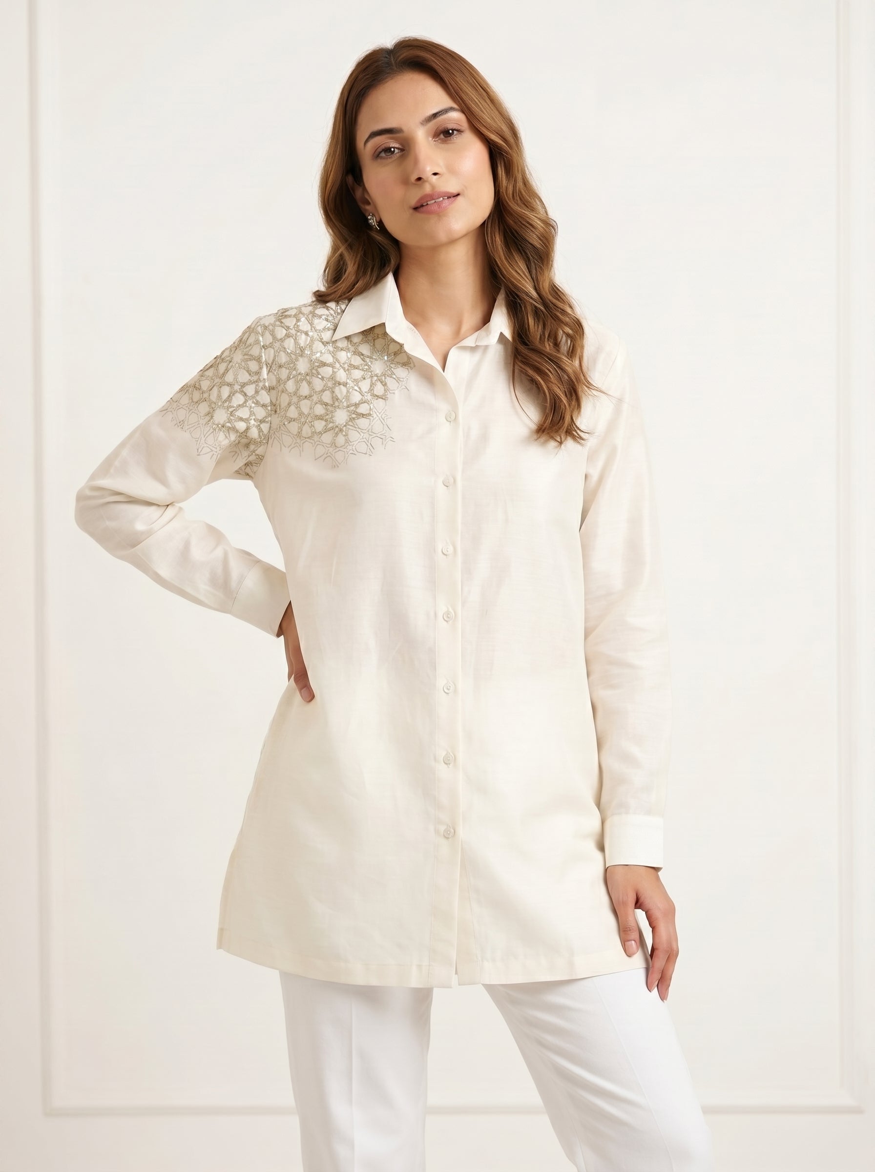 Chanderi Mandala Embroidery Shirt – Off White | Women's Designer Ethnic Wear