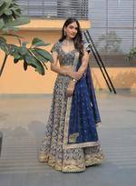 Load image into Gallery viewer, Banaras Kota Gold and Silver Foil Print With Dori Embroidery Indigo Lehenga Set
