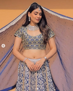 Load image into Gallery viewer, Banaras Kota Gold and Silver Foil Print With Dori Embroidery Indigo Lehenga Set
