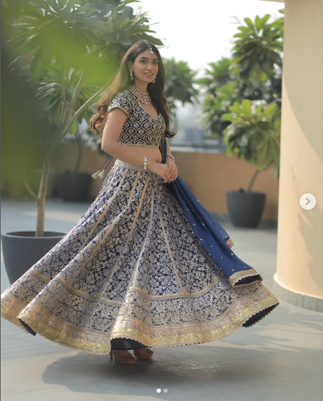 Banaras Kota Gold and Silver Foil Print With Dori Embroidery Indigo Lehenga Set