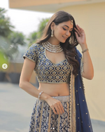 Load image into Gallery viewer, Banaras Kota Gold and Silver Foil Print With Dori Embroidery Indigo Lehenga Set
