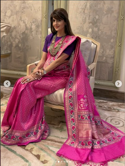 Banarasi Katan Silk Allover Jamawar Paithani Border Saree in Rani Pink (As Seen on Neha Nagar)