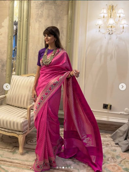 Banarasi Katan Silk Allover Jamawar Paithani Border Saree in Rani Pink (As Seen on Neha Nagar)