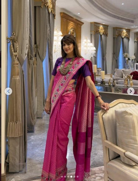 Banarasi Katan Silk Allover Jamawar Paithani Border Saree in Rani Pink (As Seen on Neha Nagar)
